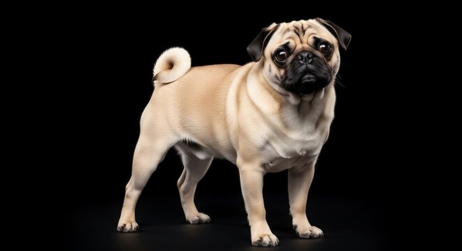A light tan pug stands alert on a solid black background, showcasing its wrinkles and curly tail
