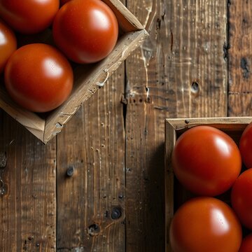 Overhead shot of fresh red tomatoes arranged on wooden table, natural sunlight, clean food background, copy space
