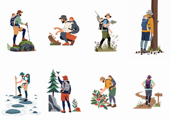Fototapeta premium Large Set of Flat Illustrations Showing Forest Rangers and Park Rangers Performing Various Conservation, Education, and Outdoor Maintenance Tasks in Nature