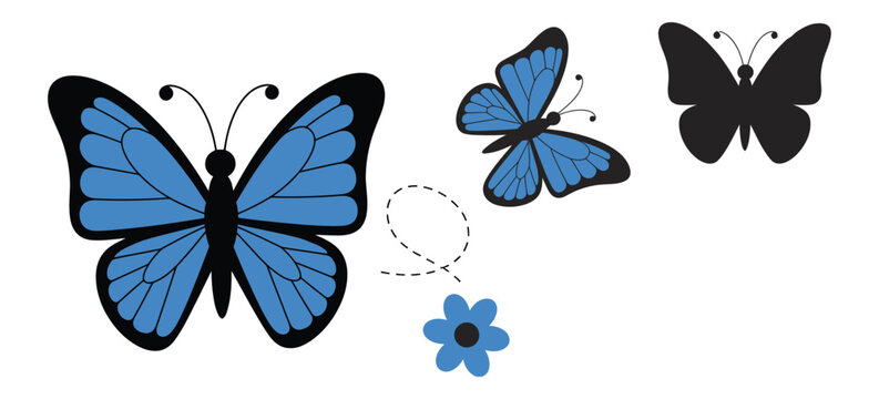 Blue morpho butterfly silhouette and flying butterfly icons with spring flowers, garden nature theme, minimal vector illustration, elegant decorative design.