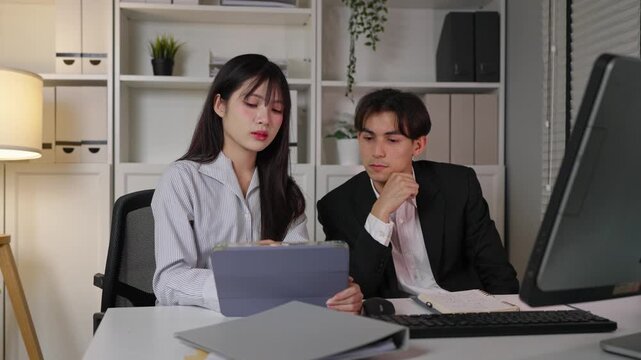 A businessman and businesswoman collaborate in a modern office workspace. 