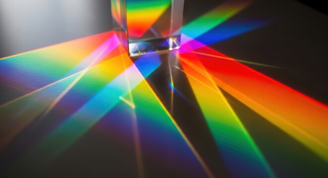 Vibrant rainbow light beams emanate from crystal prism on dark surface