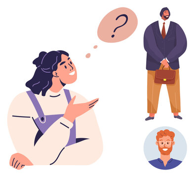 Decision-making, curiosity, interpersonal relationships, communication, observation, choice. A woman with a question mark pondering two men. Decision-making and curiosity concept