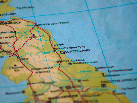 Close-up of a map focusing on Sunderland, United Kingdom. Detailed cartography showing Sunderland's location in Tyne and Wear, North East England, for travel and regional planning.