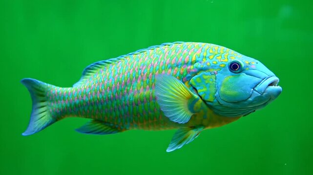 A vibrant blue and green tropical fish with iridescent scales swimming gracefully in clear water.