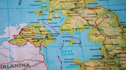 Naklejka premium Map of the Irish Sea and surrounding countries. Detailed cartography showing the body of water between Ireland and Great Britain, including coastal regions of England, Wales, Scotland, and Northern Ir