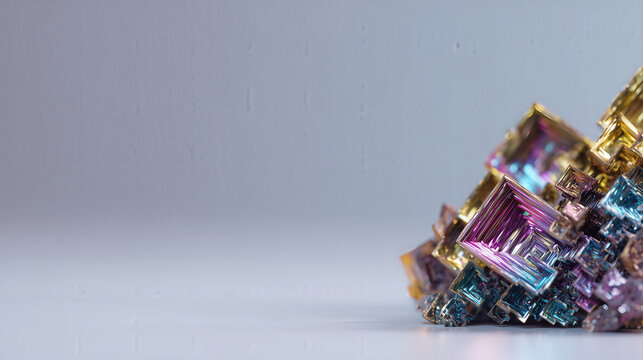 Iridescent staircase geometric structures of a laboratory grown bismuth crystal cluster on a plain grey minimalist surface