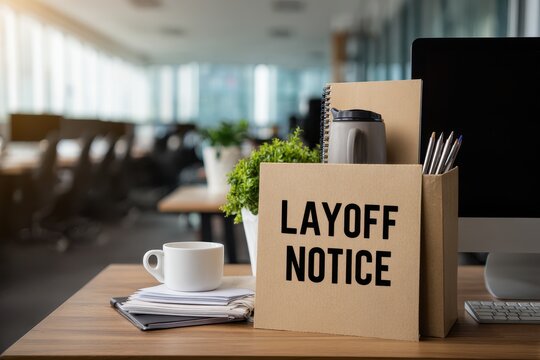 Layoff notice in cardboard box on office desk with coffee and personal items during workplace downsizing