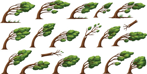Fototapeta premium Wind Blown Tree Set with Bending Trunks and Moving Leaves Storm Weather Nature Illustration Collection