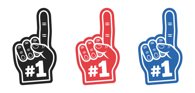 Bold foam finger hand number one sign icon set, sports cheering fan support victory celebration and team spirit concept, simple minimal vector graphic design.