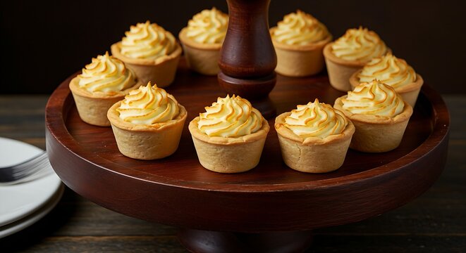 A display of miniature shepherd's pie cups with piped mashed potato tops and golden-brown crusts, neatly aligned, on a tiered dark wooden serving tray with a rich cherry finish. Perfect for a cozy, sa