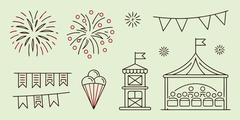 Carnival celebration on green background line fireworks bunting tent © Abu