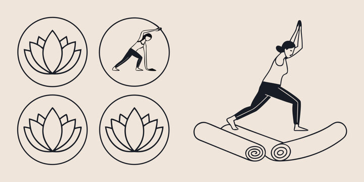 Black line yoga with lotus flowers and woman practicing yoga line woman practicing yoga