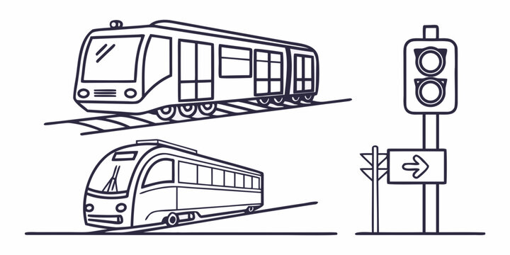 Two trains and traffic light with directional sign on white background transportation