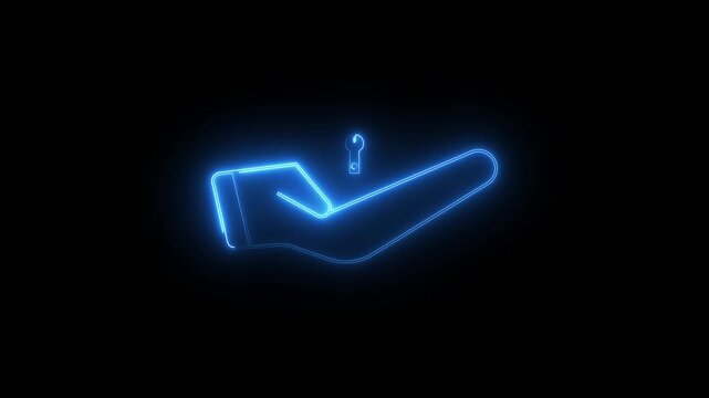 glowing neon hand setting Glowing neon one line hand plant continuous drawing holding heart palm animation, neon
