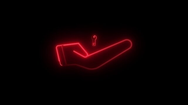 glowing neon hand setting Glowing neon one line hand plant continuous drawing holding heart palm animation, neon