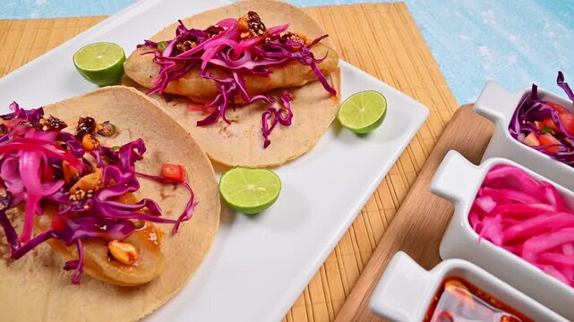 Baja-style fish tacos garnished with purple cabbage slaw and pickled onions. Ceramic bowls with side dishes (pico de gallo, salsa macha, and onions)