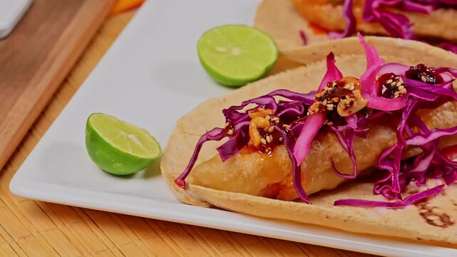 Colorful and tasty Mexican food. Seafood and fish tacos, Ensenada style