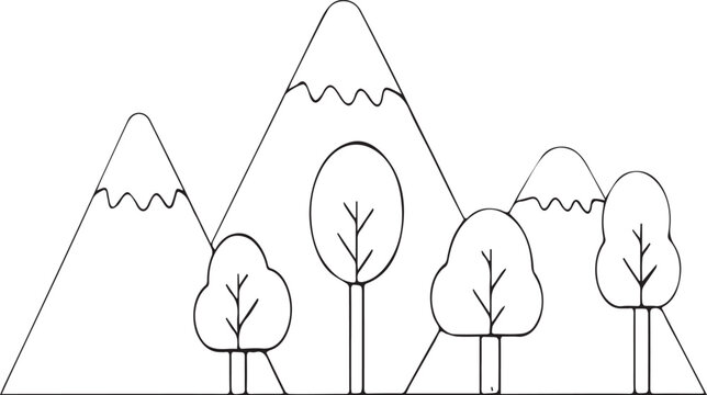 Black and White Line Drawing of Mountains and Trees on White Background untitled
