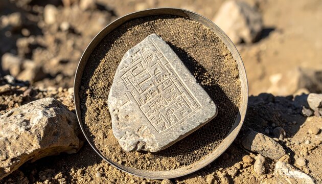 Ancient Ugaritic cuneiform tablet with intricate inscriptions rests on an archaeological dig sieve, revealing historical writing