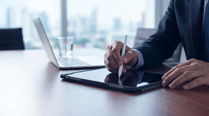 Fototapeta premium Professional businessman using a stylus pen on a digital tablet for work in a modern corporate office.