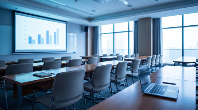 Spacious modern empty classroom with projector screen displaying a bar graph in a bright corporate setting.