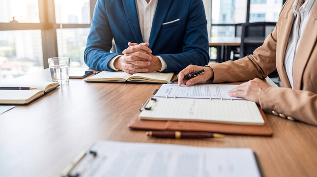 Business professionals in a modern office reviewing documents together.