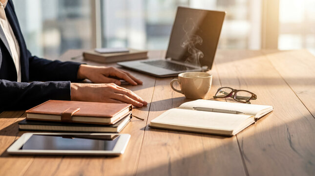 Professional working woman using modern laptop on a wooden desk with coffee and notebook in a bright office environment.