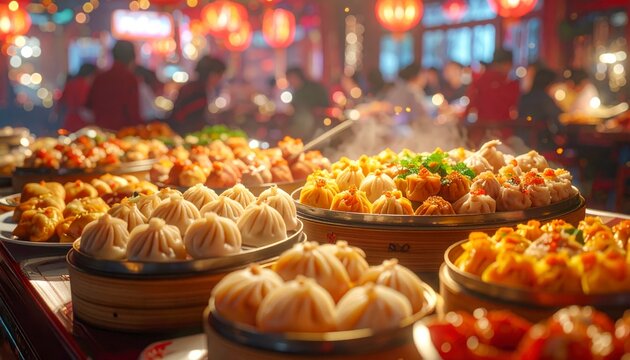 A vibrant spread of dim sum dishes served in bamboo steamers on a round table at a bustling Chinese restaurant