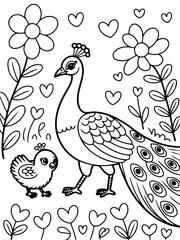 Fototapeta premium Peacock family outline: A charming, outlined illustration portrays a peacock with its chick, embraced by whimsical floral and heart-shaped elements, evoking a sense of joy and natural beauty.