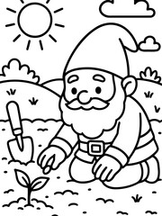 Naklejka premium Garden Gnome Nurturing Growth: An illustration showcases a friendly gnome diligently planting, symbolizing growth, care, and the nurturing of new life under the warmth of the sun.