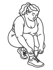 Obraz premium Ready for the Run: A determined woman ties her shoelaces, preparing to start her fitness routine with focus and dedication. 