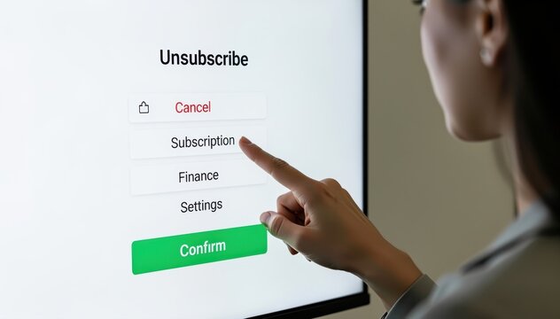 Unsubscribing: A woman's finger poised to cancel her subscription, a digital interface reflecting the modern user experience.
