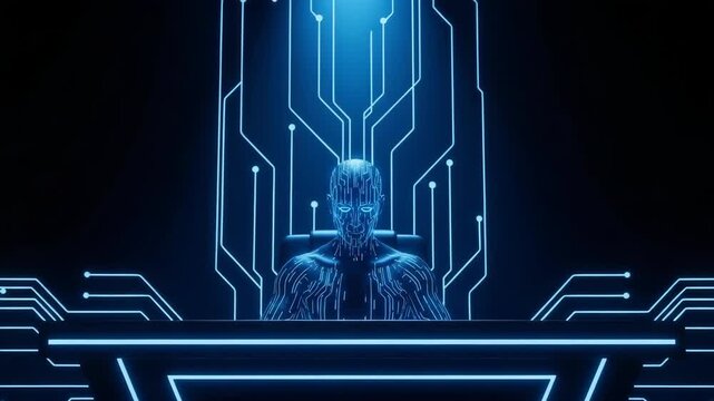 Digital Humanoid Figure Sitting At Desk With Circuit Patterns In Futuristic Technology-themed Environment With Glowing Lines In The Background Good For Future Tech Concepts