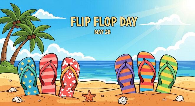 Colorful flip flops on a sunny beach with palm trees and seashells flip flop day may 28