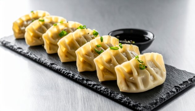 Mouthwatering pan-fried pork and chive dumplings with intricate pleating on a slate plate beside dipping sauce