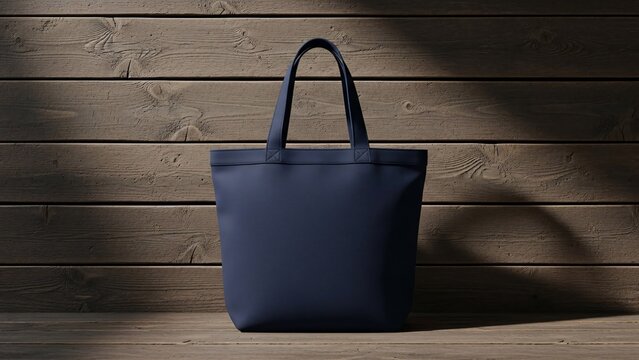Elegant navy blue tote bag made from durable material perfect for everyday use and stylish shopping trips on a rustic wooden background for versatile fashion accessory