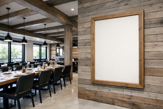 Blank wall frame mockup in rustic restaurant interior. Ai generative