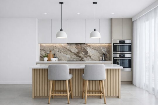 Modern kitchen interior with island and stools design. Ai generative