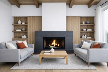 Obraz premium Modern livingroom with fireplace interior design.