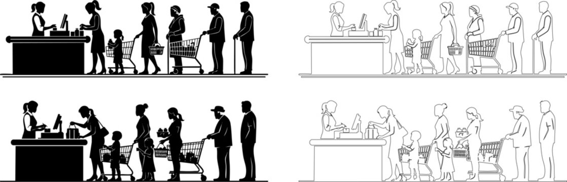 Black silhouette and outline vector graphic illustrations of diverse customers waiting in supermarket checkout queues.