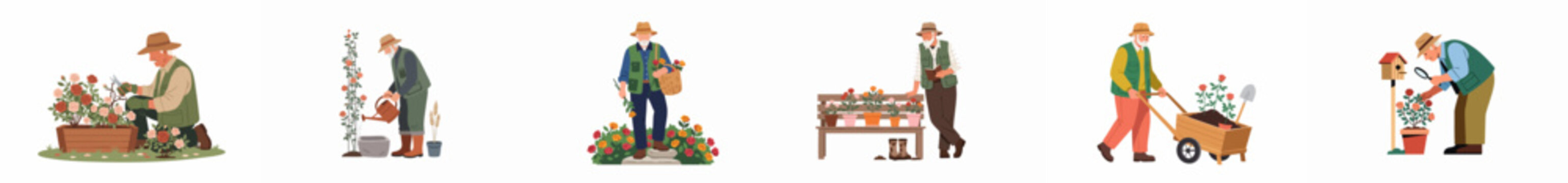 Vector Illustration Set of a Senior Man Enjoying Various Gardening Activities Like Pruning Roses, Watering Plants, and Using a Wheelbarrow.