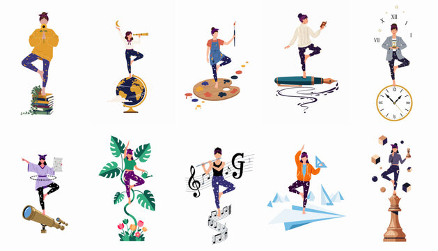 Set of illustrations featuring a woman in yoga tree pose balancing various hobbies including art, science, music, gardening, and work-life harmony.