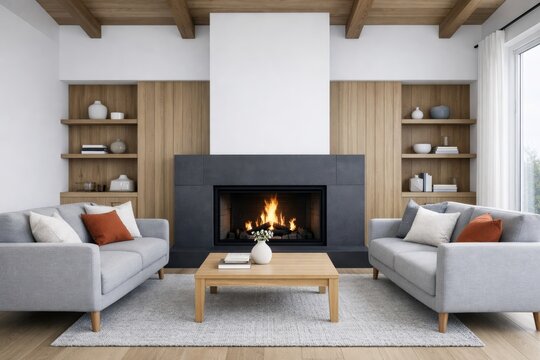 Modern livingroom with fireplace interior design."" Ai generative