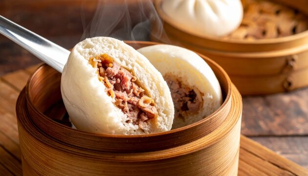 Steamed Char Siu Bao with Fluffy Bun and Savory Pork Filling Being Pulled Apart