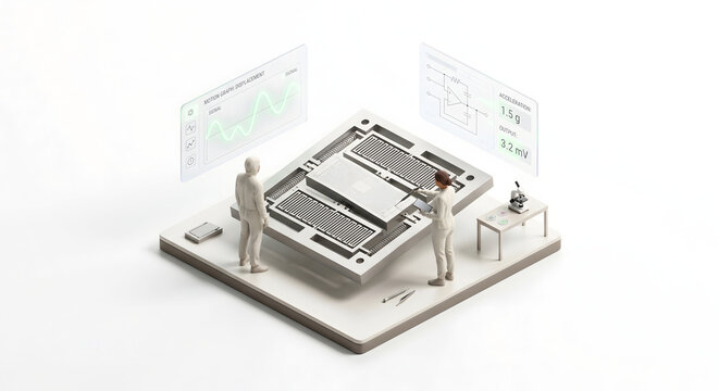 MEMS加速度センサーの構造設計と信号解析を行う開発シーンのイラスト

