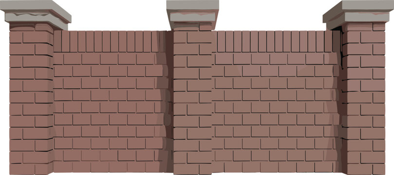 Brick wall fence with pillars, realistic masonry structure for exterior boundary vector illustration design