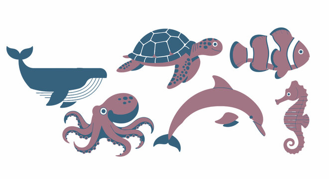 Colorful sea creatures illustration set.