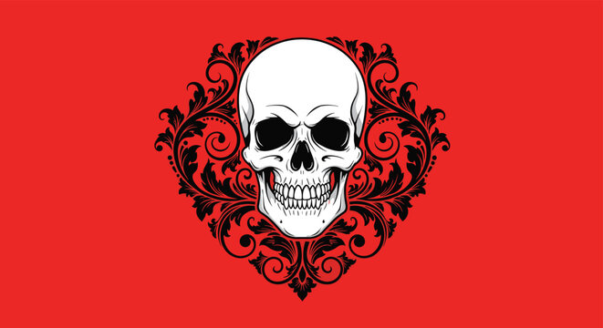 Human skull centered in a lush black floral flourish that forms a heart shape set against a vibrant solid red background for edgy art.