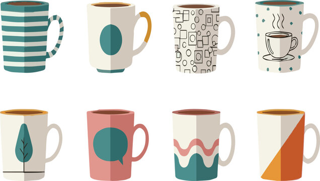 Collection Of Eight Stylized Coffee Mugs With Different Patterns ffgd